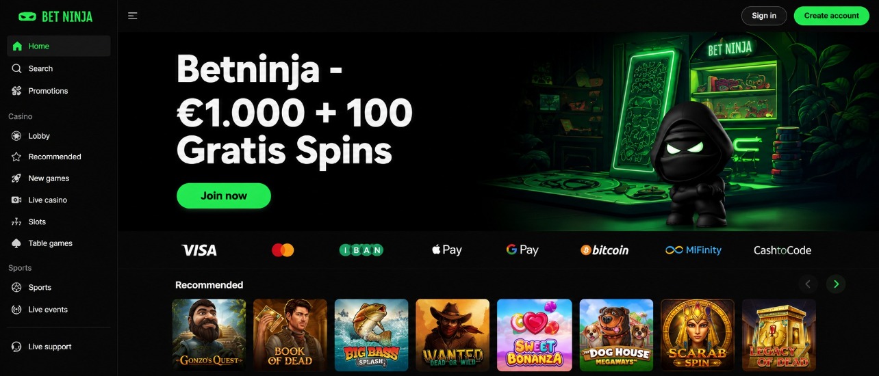 Betninja casino homepage met bonus van €1.000 en 100 gratis spins, groene interface, betaalmethoden en aanbevolen slots